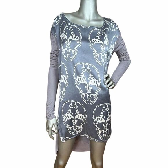 Thomas Wylde Scull Graphic Long Sleeve Oversized Tunic Silk Dress – Gray S /M (0 - Picture 1 of 14